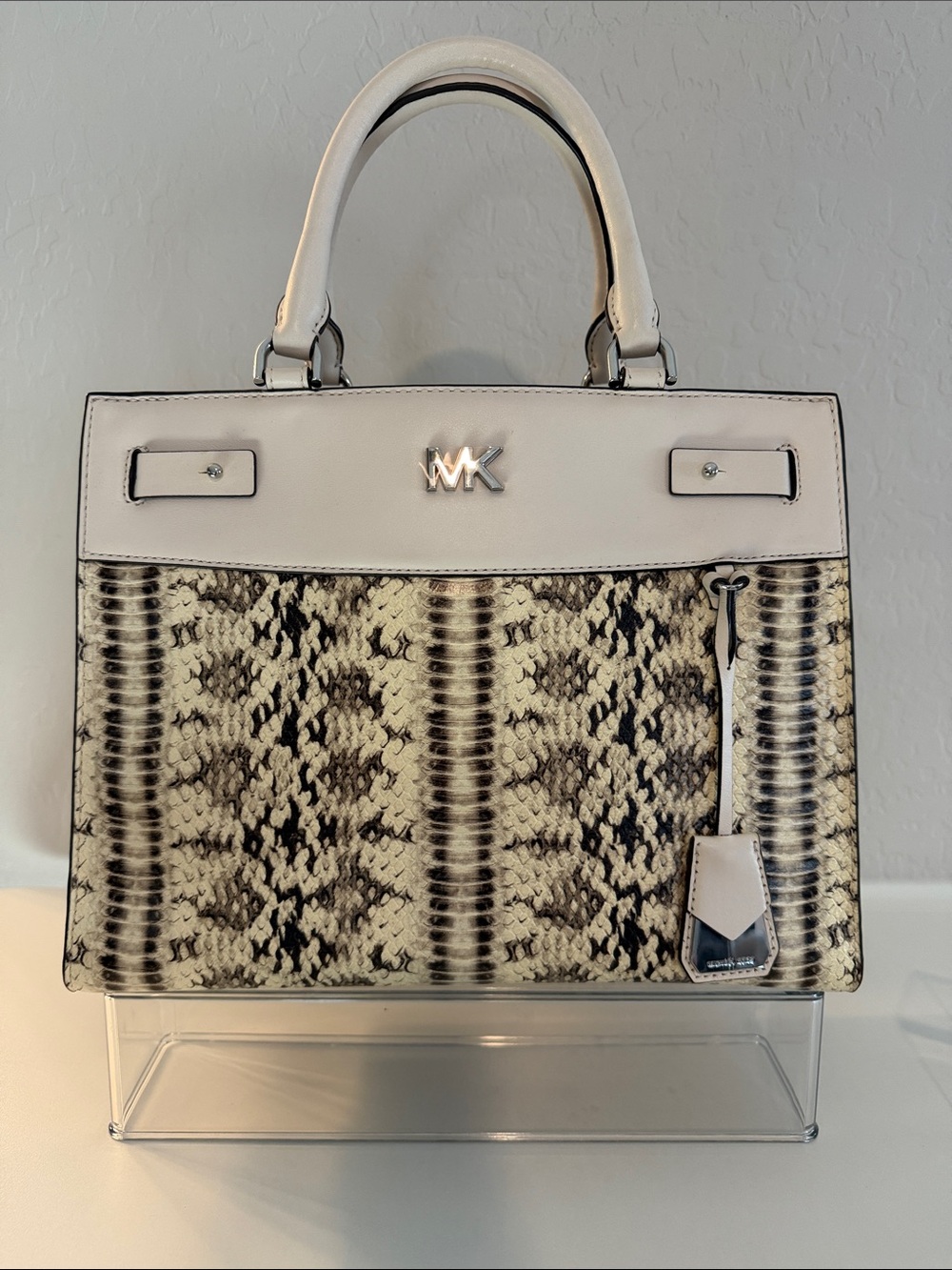 Michael Kors Reagan White & Snake-Print LG Satchel with Silver Hardware